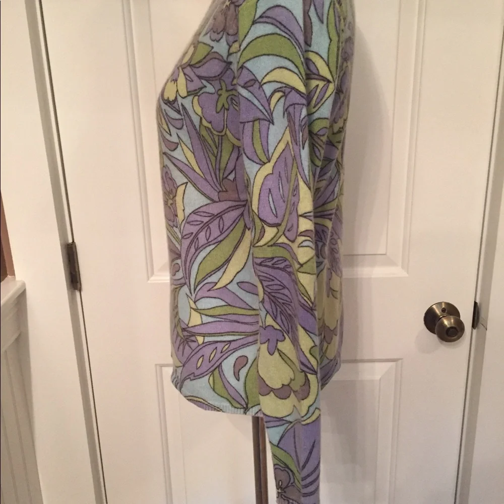 KINROSS SWEATER CASHMERE CREWNECK PURPLE BLACK YELLOW GREEN FLORAL SMALL
